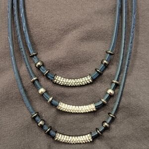 White House Black Market Blue Leather & Silver Metal Multi-Strand Necklace NWOT